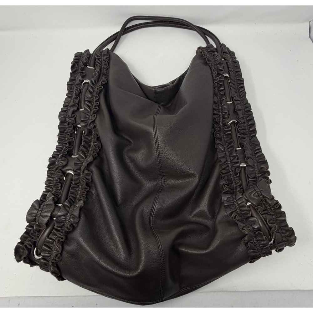 Y2K DKNY Brown Leather Ruffle Trim Oversized Hobo Tote Shoulder Bag